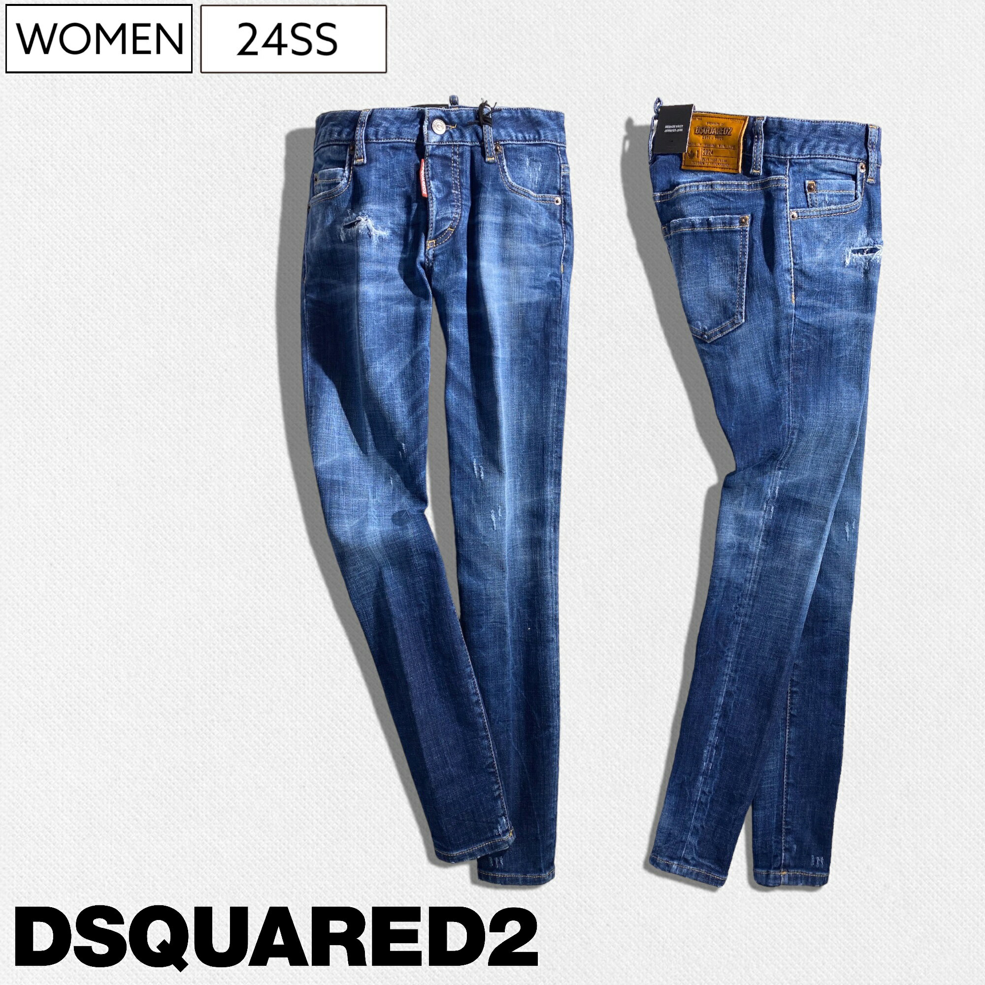 【定価111,100円(税込)】DSQUARED2 ディースクエアード 職人技が随所に光る美しく華やかなウォッシュ＆ダメージ加工テーパードデニムパンツ ジーンズ 《MEDIUM WAIST JENNIFER JEAN ミディアムウエストジェニファー》インディゴブルー S72LB0706 レディース イタリア製