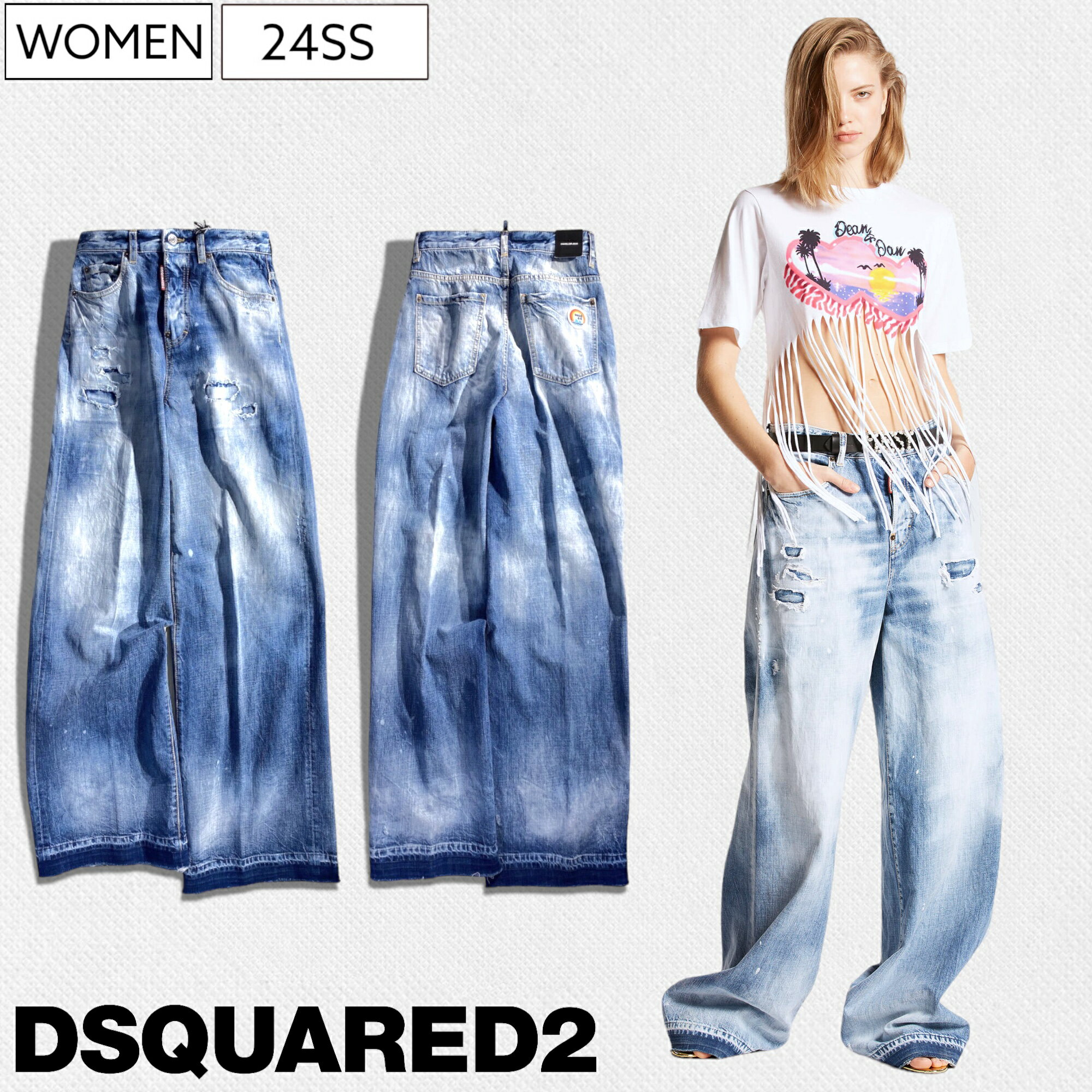 【定価132,000円(税込)】DSQUARED2 ディースクエアード 職人技が随所に光る華やかなウォッシュ加工とトレンドのルーズフィット！ダメージ加工ワイドデニムパンツ ジーンズ 《TRAVELLER JEANS -トラベラージーンズ-》インディゴブルー S72LB0726 レディース イタリア製