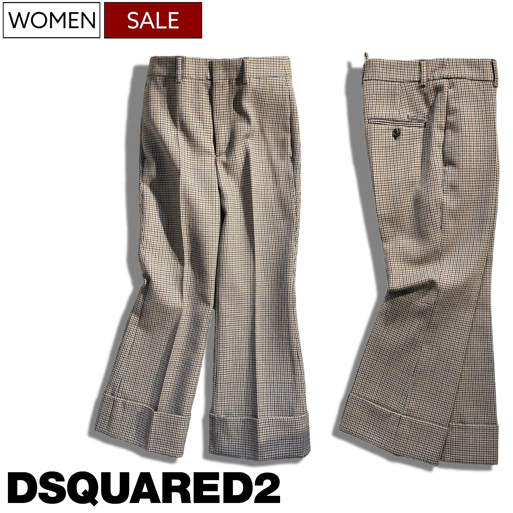 【定価110,000円(税込)】DSQUARED2 ディースクエアード 小洒落感と上品な大人の色香醸す1本！ハウンドトゥース柄 ロールアップフレアウールクロップドパンツ 千鳥格子柄パンツ S72KA1107 ベージュ イタリア製 レディース 34 36 38 40 イタリア製