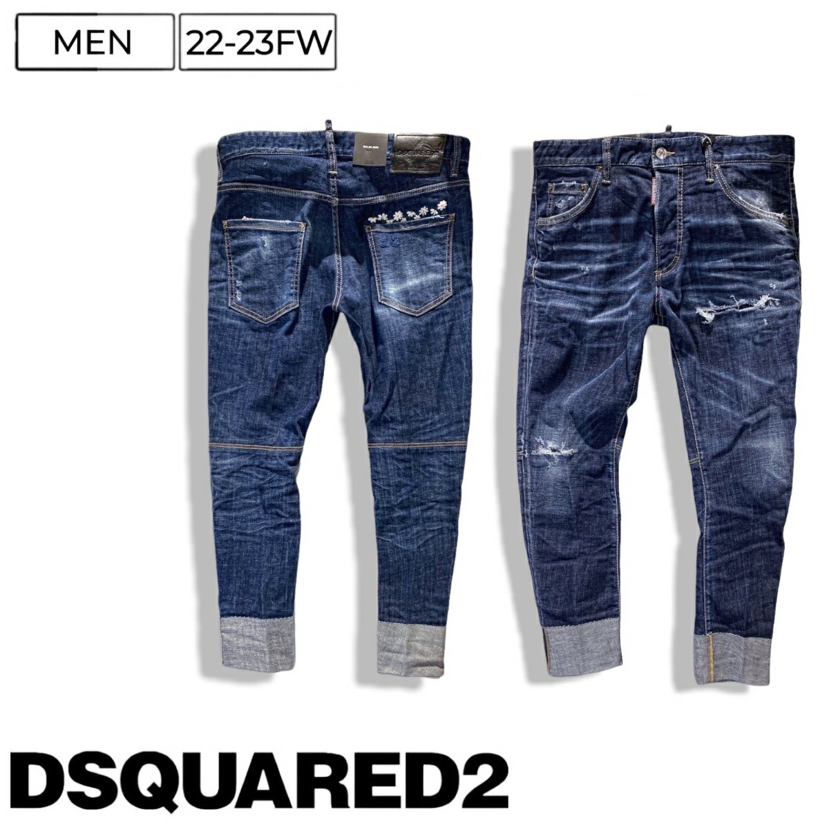 【定価118,800円(税込)】DSQUARED2 ディースクエアード 　リラックス感溢れるフォルムとロールアップが特徴！リペア加工フラワー刺繍デザインテーパードデニムパンツ クロップドジーンズ ストレッチ 《SAILOR JEAN -セイラー-》インディゴブルー S74LB1154 イタリア製 メンズ