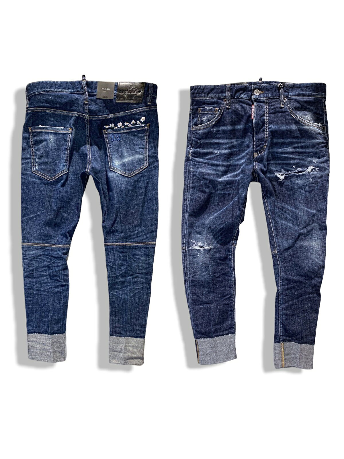 【定価118,800円(税込)】DSQUARED2 ディースクエアード 　リラックス感溢れるフォルムとロールアップが特徴！リペア加工フラワー刺繍デザインテーパードデニムパンツ クロップドジーンズ ストレッチ 《SAILOR JEAN -セイラー-》インディゴブルー S74LB1154 イタリア製 メンズ