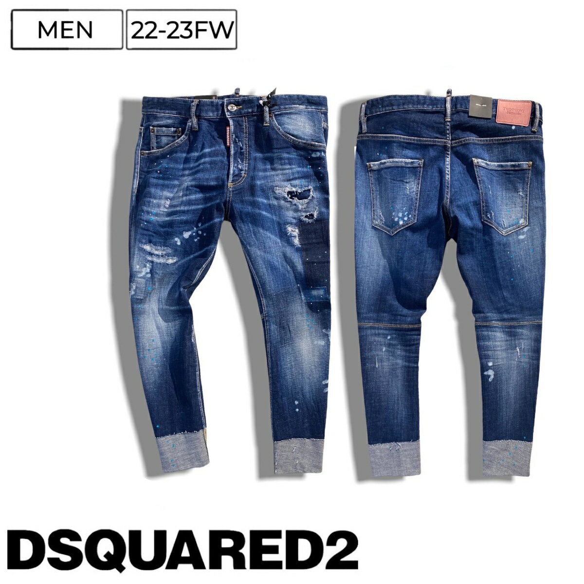 【定価126,500円(税込)】DSQUARED2 ディースクエアード リラックス感溢れるフォルムとロールアップが特徴！ダメージ＆リペア加工テーパードデニム クロップドジーンズ ストレッチ 《SAILOR JEAN -セイラー-》ダーク ティファニー スポーツ ウォッシュ S71LB1103 イタリア製