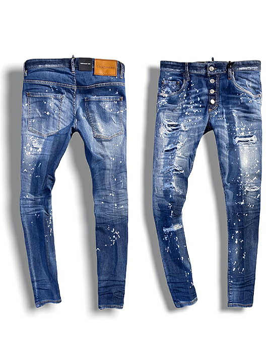 【定価96,800円(税込)】DSQUARED2　ディースクエアード　都会的なテーパードシルエット！クラッシュ＆ブリーチ加工が目を惹くスーパーストレッチテーパードデニムパンツ《SUPER TWINKY JEAN -スーパートゥインキージーン-》インディゴブルー　S71LB1033　メンズ　イタリア製