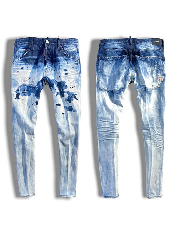 【定価104,500円(税込)】DSQUARED2 ディースクエアード 大人の余裕とこなれ感漂うハードウォッシュ＆ダメージ仕上げ！ダメージ＆ブリーチ加工 テーパードデニムパンツ ジーンズ 《COOL GUY JEANS -クールガイジーン-》ウォッシュブルー S71LB1017 メンズ イタリア製