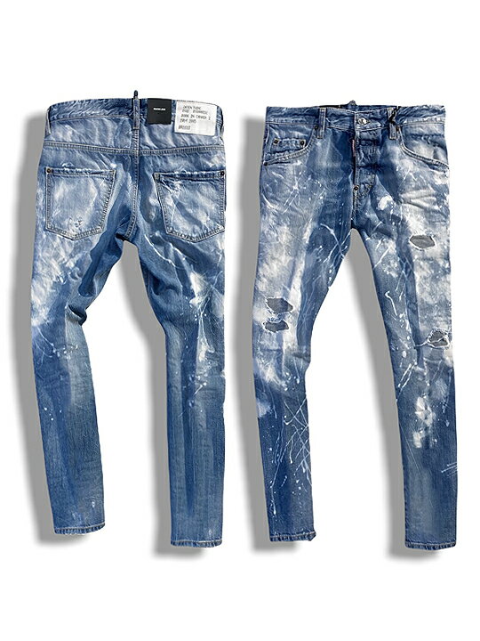 【定価96,800円(税込)】DSQUARED2 ディースクエアード 大人の余裕とこなれ感漂わせるスプラッシュペイント＆ブリーチ仕上げ ダメージ＆リペア加工 テーパードデニムパンツ ジーンズ ウォッシュ《SKATER JEAN -スケータージーン-》インディゴ S71LB1035 メンズ イタリア製
