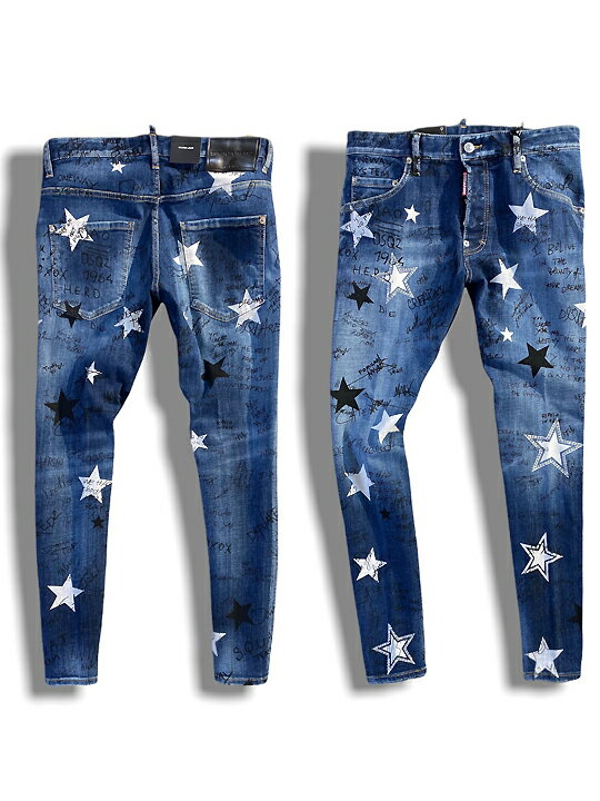 【定価96,800円(税込)】DSQUARED2 ディースクエアード 大人の余裕とこなれ感漂わせる仕上がり！メッセージペイント＆ラインストーン加工 テーパードデニムパンツ ジーンズ ストレッチ 落書き《SKATER JEAN -スケータージーン-》インディゴ S71LB1063　メンズ イタリア製