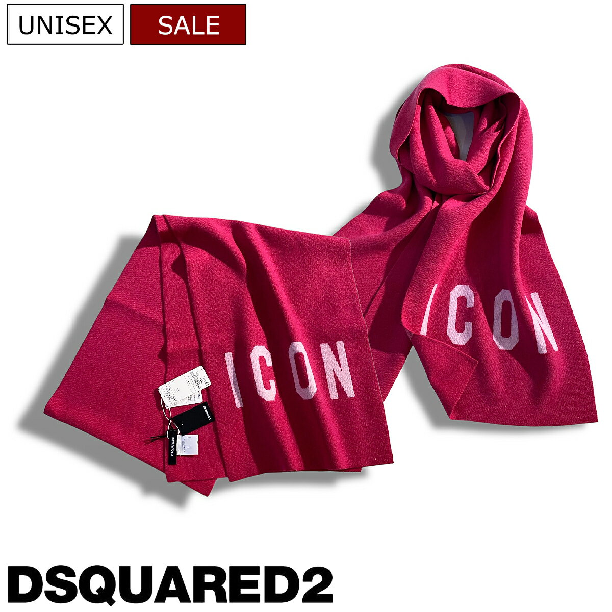 ディースクエアード 【定価42,900円(税込)】DSQUARED2 ディースクエアード 冬のアウトドアコーデをぐっと格上げ！”I CON”から大人のラグジュアリーカジュアルを演出するカシミヤウール混ニットマフラー S83KN0034 ピンク イタリア製 男女兼用 ユニセックス