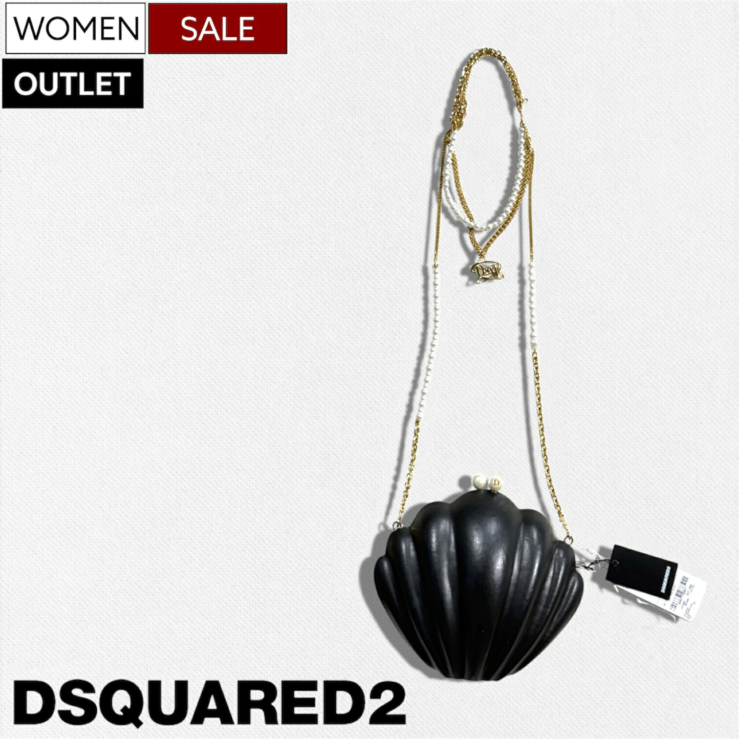 樂天商城 - 【OUTLET】【定価579,700円(税込)】DSQUARED2 ディースクエアード 目を惹く シェルレザー パーティバッグ ショルダーバッグ スカラップ ミニバッグ 鞄 パール チェーン ブラック カーフレザー 貝殻 SHELL LEATHER PARTY BAG レディース S83CB0046SJ18900001 伊製 ワケ有