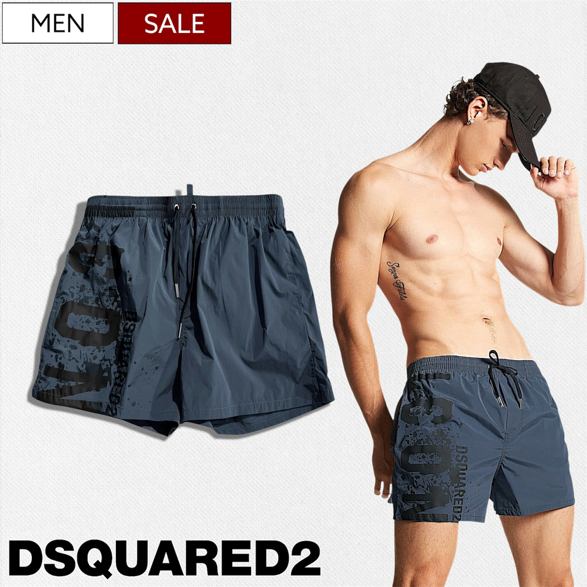 樂天商城 - 【定価50,500円(税込)】DSQUARED2 ディースクエアード 大人の遊び心擽るロゴデザインでビーチの主役に！ インナーメッシュ付きICONスイムウエア　水着 スイムパンツ ハーフパンツ 短パン ショーツ トランクス 海 ストレッチ スチールブルー S82QAD7B64SJ5420 メンズ 伊製