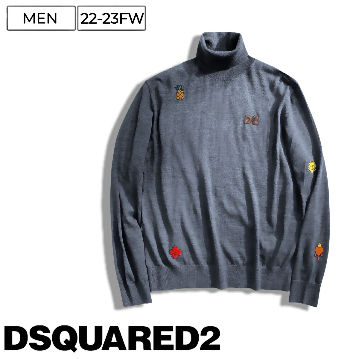 【定価74,800円(税込)】DSQUARED2 ディースクエアード 　遊びココロ溢れる落書き刺繍デザインでヌケ感も抜群！大人のラグジュアリーカジュアルを演出する刺繍デザインタートルネックウールニット！　刺繍　セーター グレー　　S74HA1281　イタリア製　メンズ