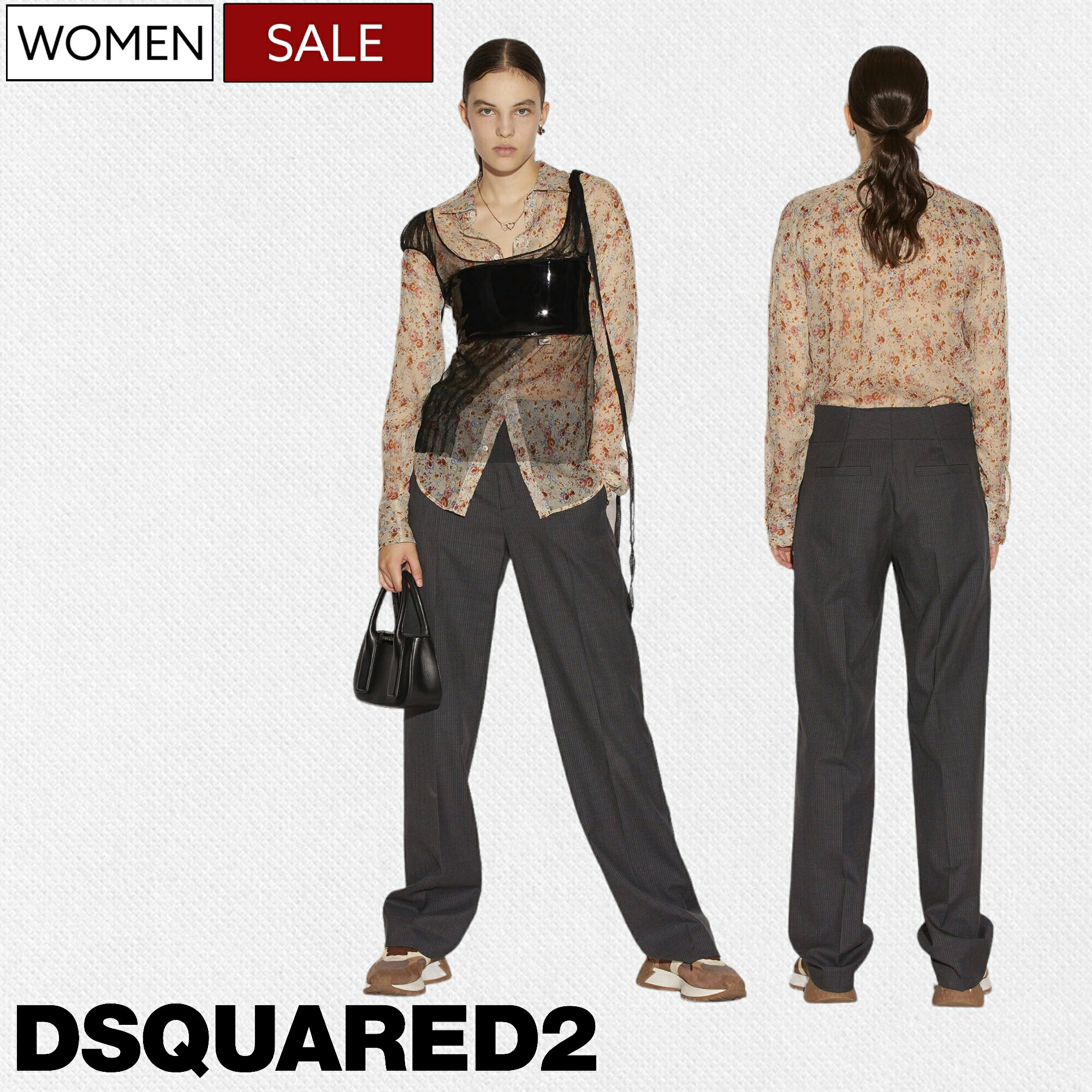 【定価86,900円(税込)】DSQUARED2 ディースクエアード 小洒落感と上品な大人の色香醸す1本！バージンウール使用ピンストライプ柄 ウールワイドパンツ《SLOUCHY FIT-スラウチフィット-》リラックス スラックス S72KA1122 グレー イタリア製 レディース 34 36 38 40 42 44