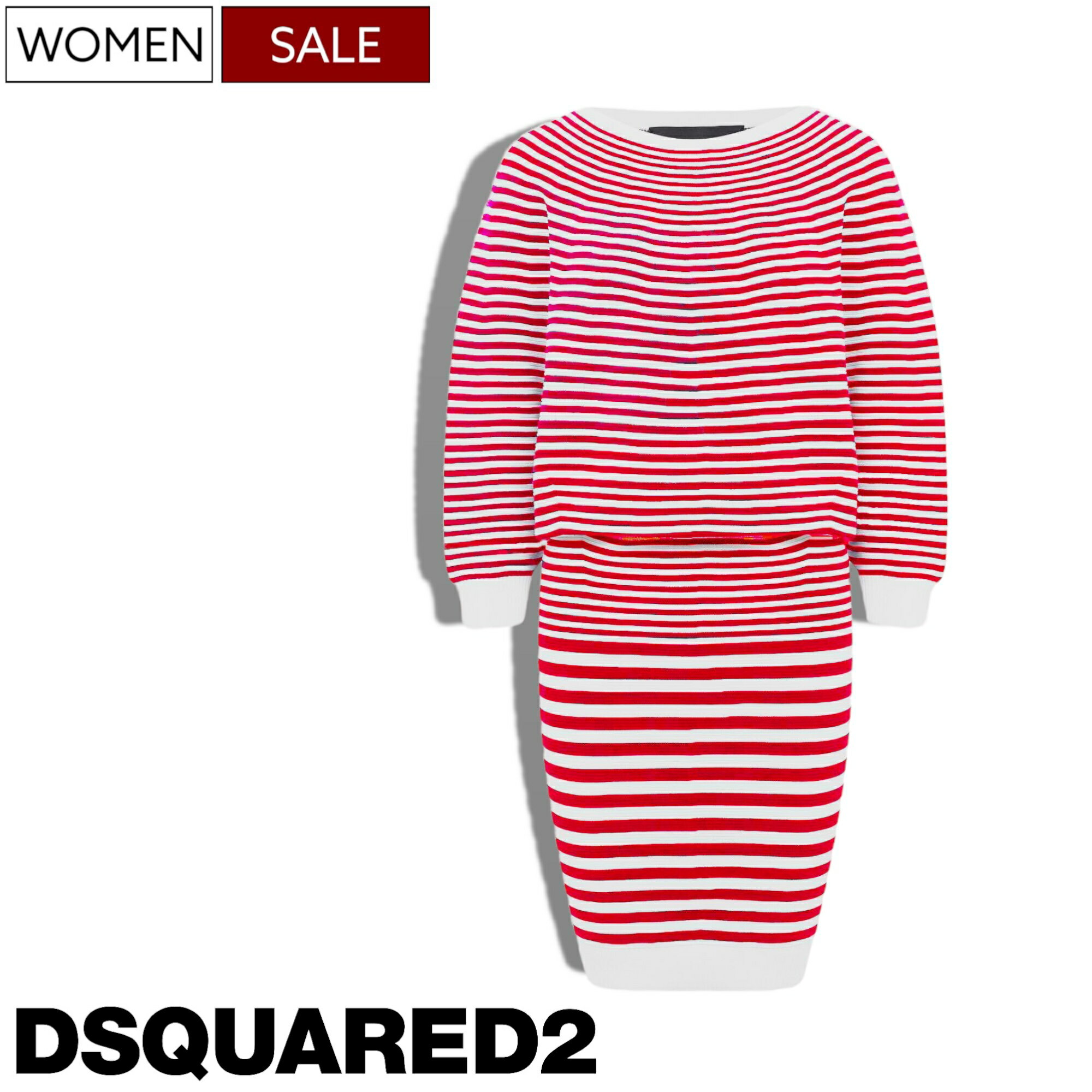 【定価111,100円(税込)】DSQUARED2 ディースクエアード 　都会的なシルエットと遊びココロ溢れるボーダーデザインでヌケ感も抜群！大人のラグジュアリーカジュアルを演出するパフスリーブボーダーニットワンピース！ S75CV0370 レッド×ホワイト イタリア製 レディース