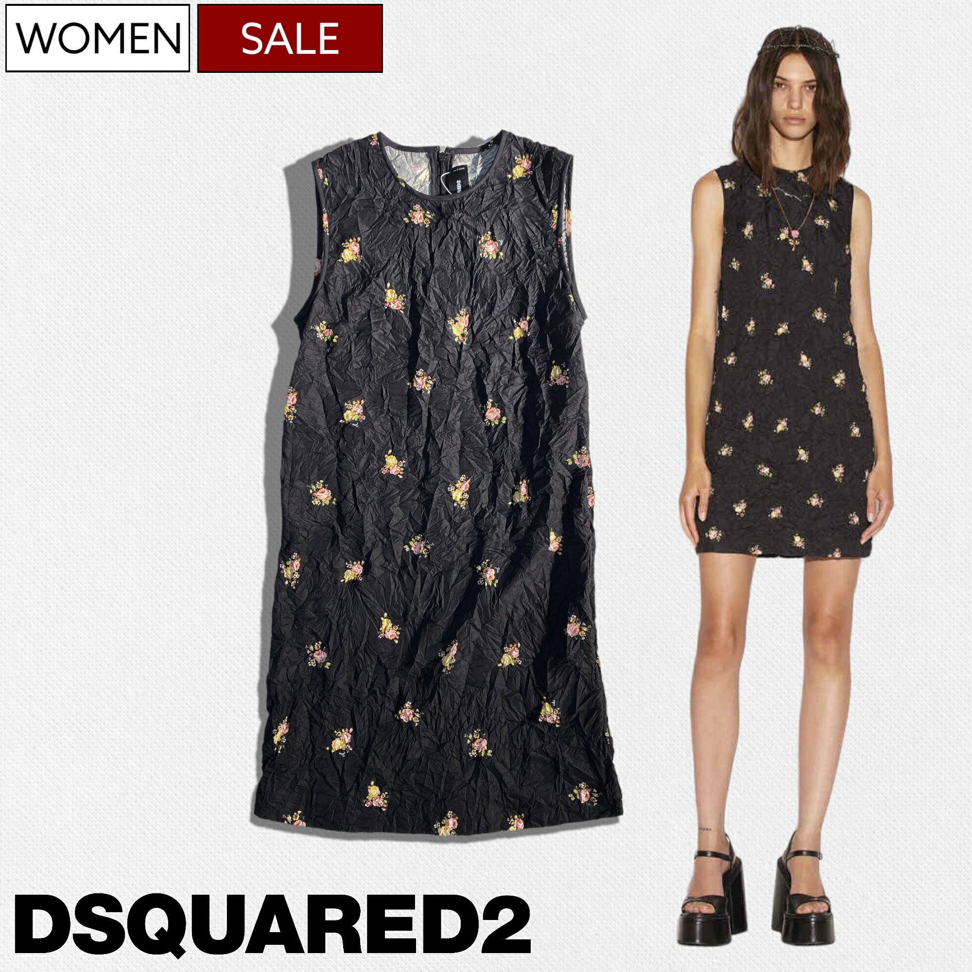 【定価104,500円(税込)】DSQUARED2 ディースクエアード 　遊びココロ溢れる！大人のラグジュアリーカジュアルを演出するフラワー柄クリンクル加工ノースリーブミニワンピース！ ドレス ミニスカート シワ ワッシャー S72CV0311 ブラック イタリア製 レディース