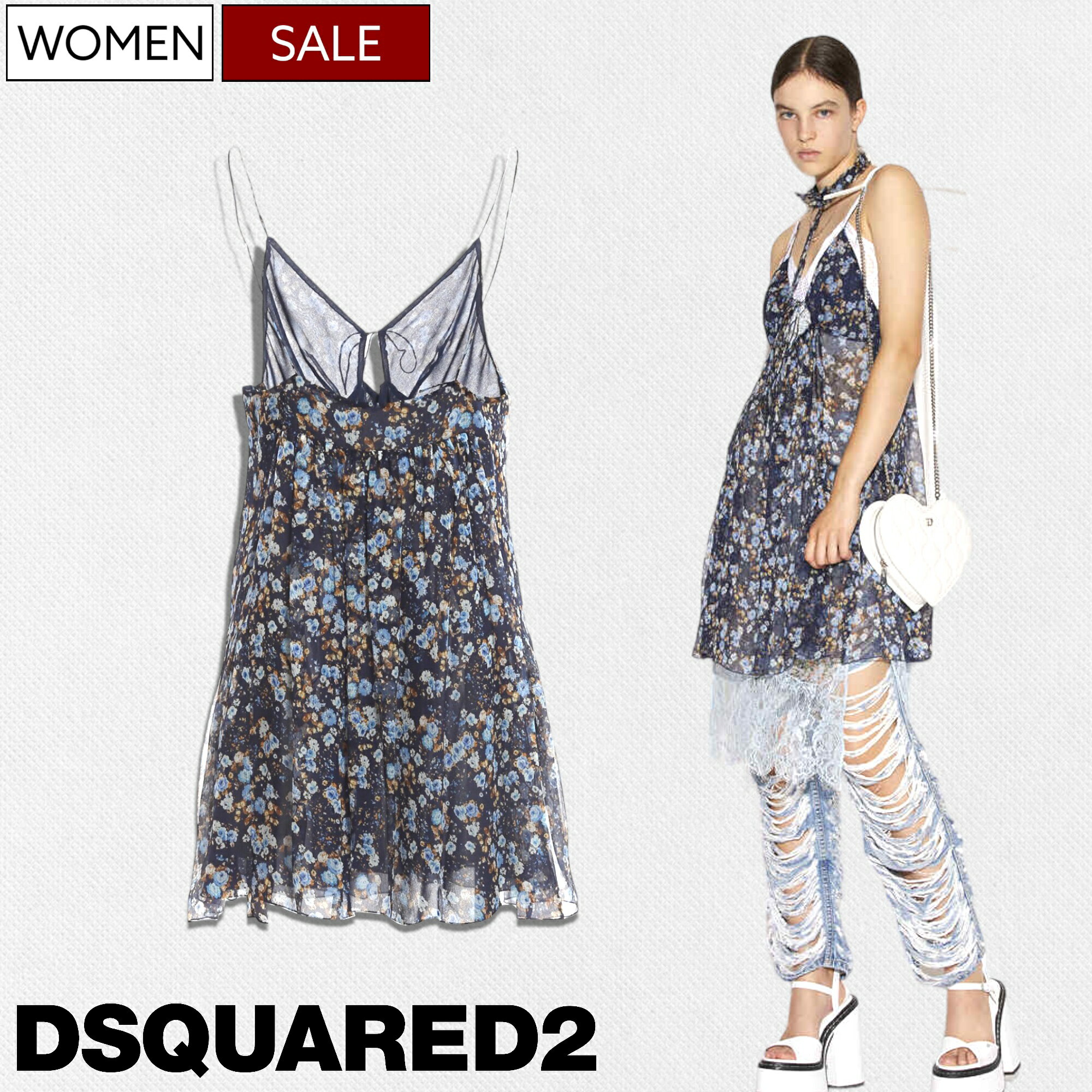 【定価149,600円(税込)】DSQUARED2 ディースクエアード 華やかな花柄と都会的なシースルー生地が大人の休日を格上げするフラワー柄キャミソールシルクワンピース シースルー ノースリーブ チューブトップ タンク 絹 花柄 透け S72CV0293 ネイビー イタリア製 レディース