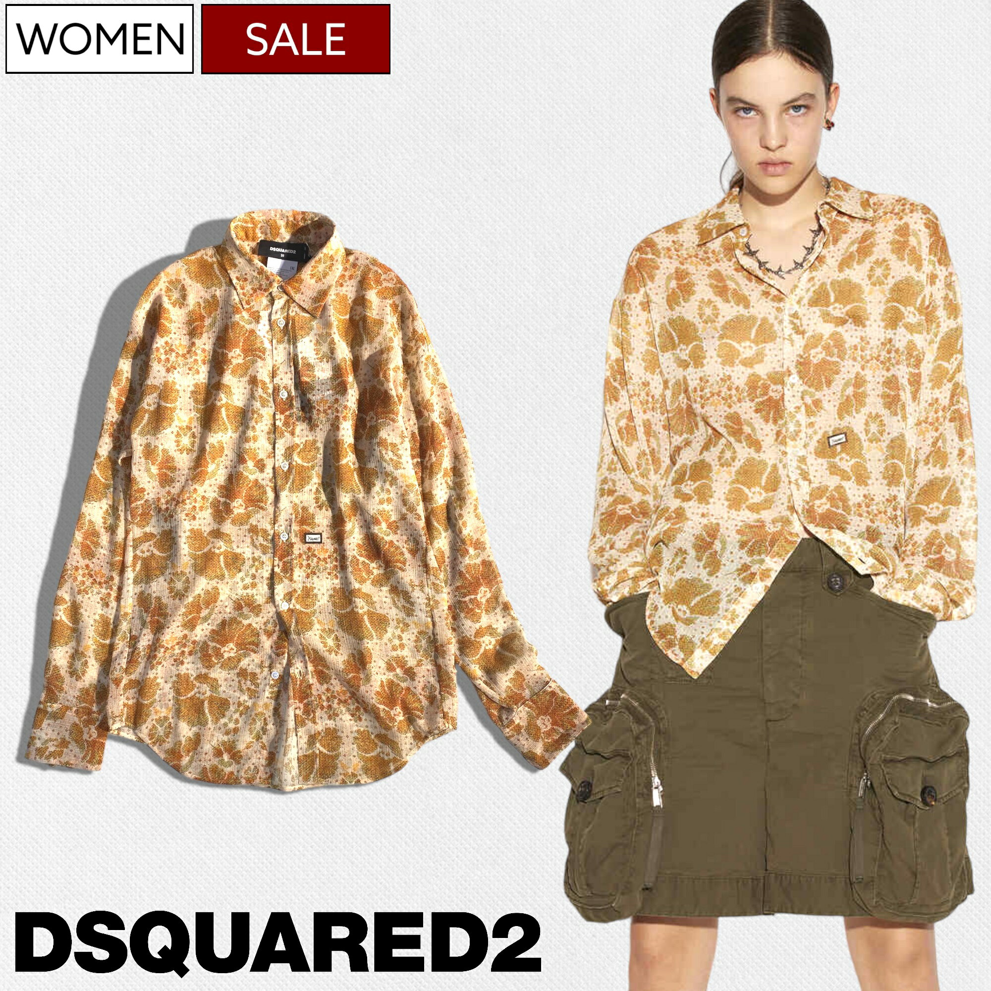 【定価96,800円(税込)】DSQUARED2 ディースクエアード 華やかなフラワー柄と都会的なシースルー生地が大人の休日を格上げするフラワー柄シースルーロングスリーブシャツ 長袖 ブラウス トップス 花柄 透け 開襟 S72DL0697 オレンジ イタリア製 レディース