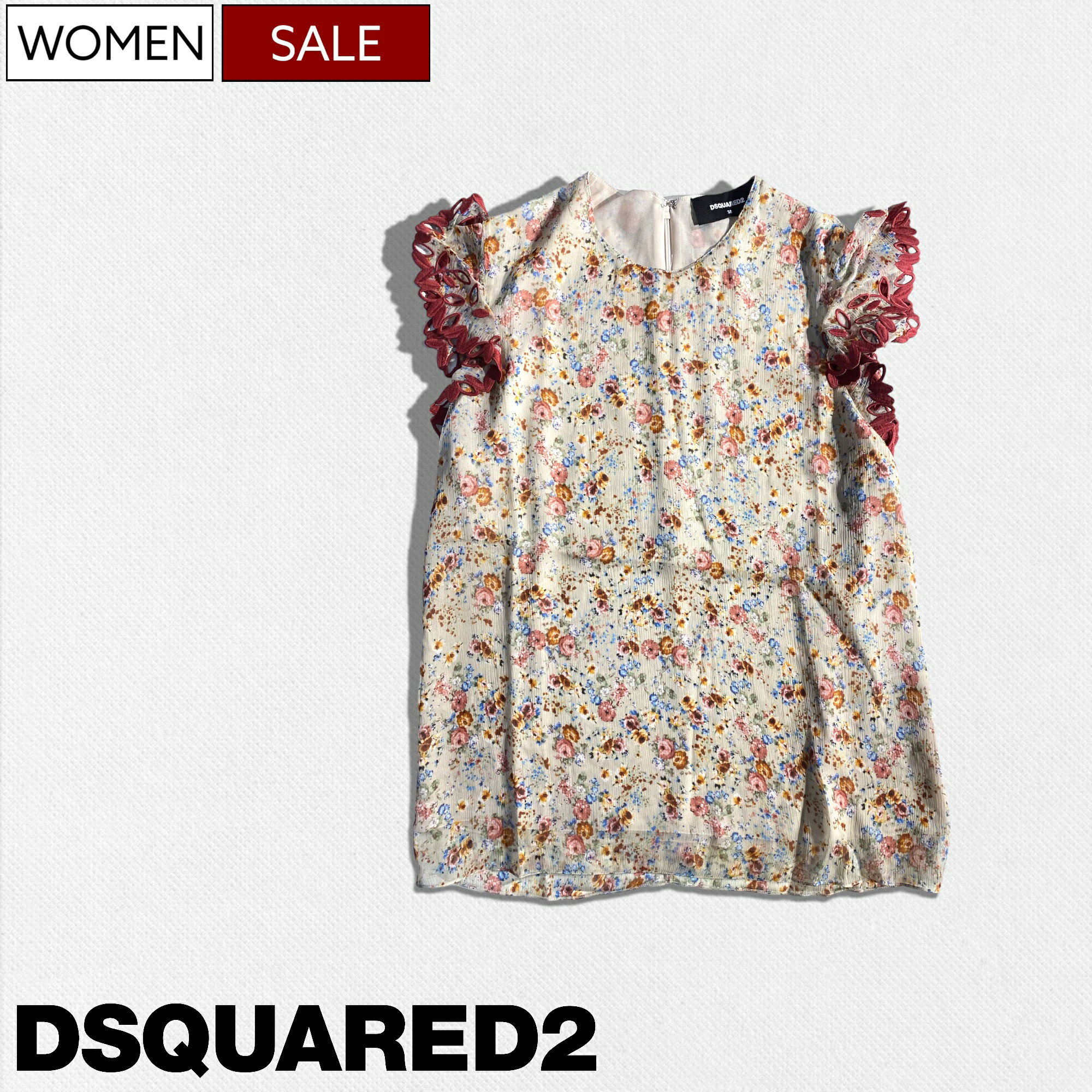 【定価122,100円(税込)】DSQUARED2 ディースクエアード 華やかな花柄と都会的なシースルー生地が大人の休日を格上げするフラワー柄シルクフリルトップス シースルー ノースリーブ チューブトップ タンク 絹 花柄 透け S72NC0989 ベージュ イタリア製 レディース