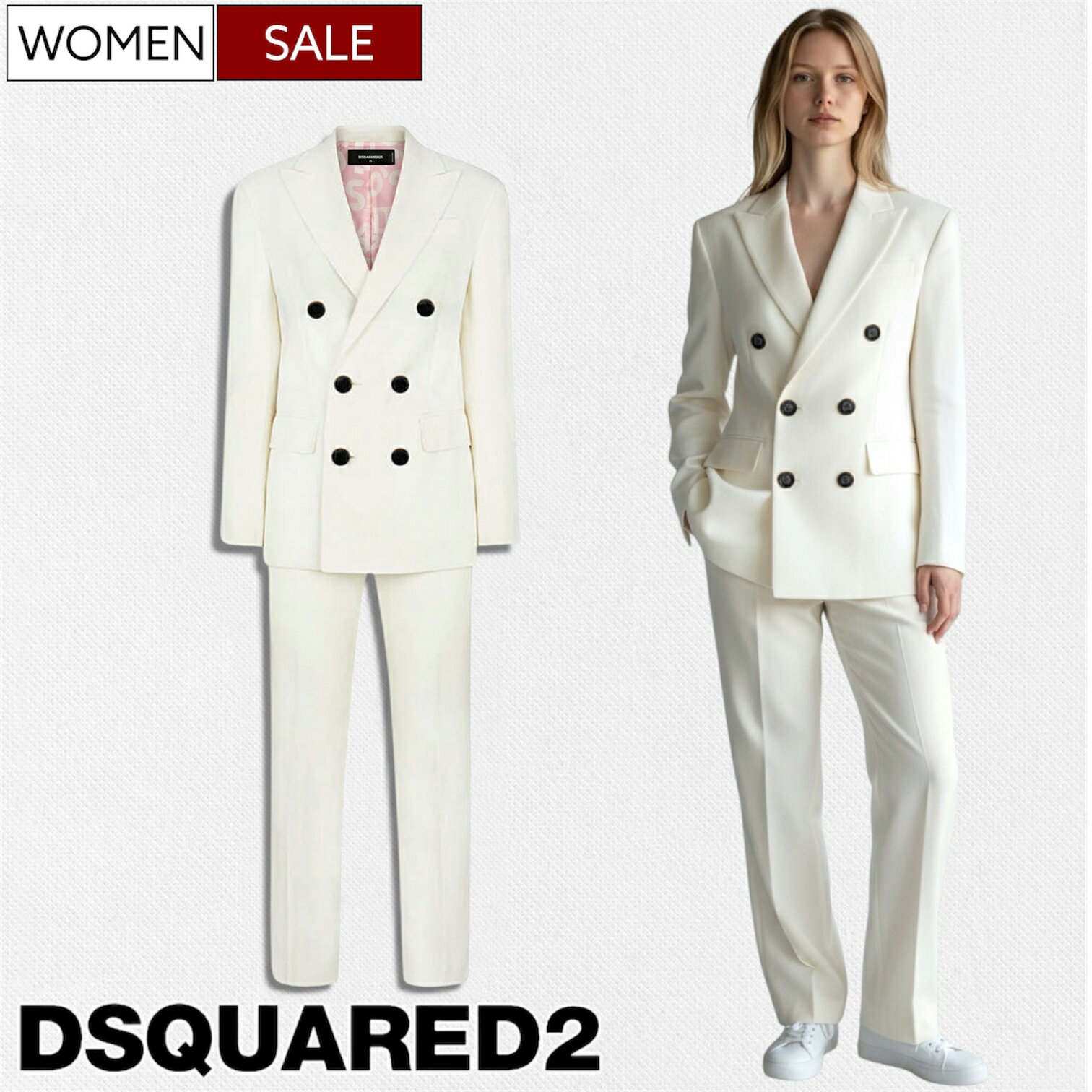 Cotton - 【定価281,600円(税込)】DSQUARED2 ディースクエアード 美しいシルエットと上質コットンが大人の余裕を醸す ダブルジャケットスーツ セットアップ 上下 ジャケット＆パンツ ダブルブレスト 生成 オフホワイト モノグラム S75FT0251S78499 レディース イタリア製