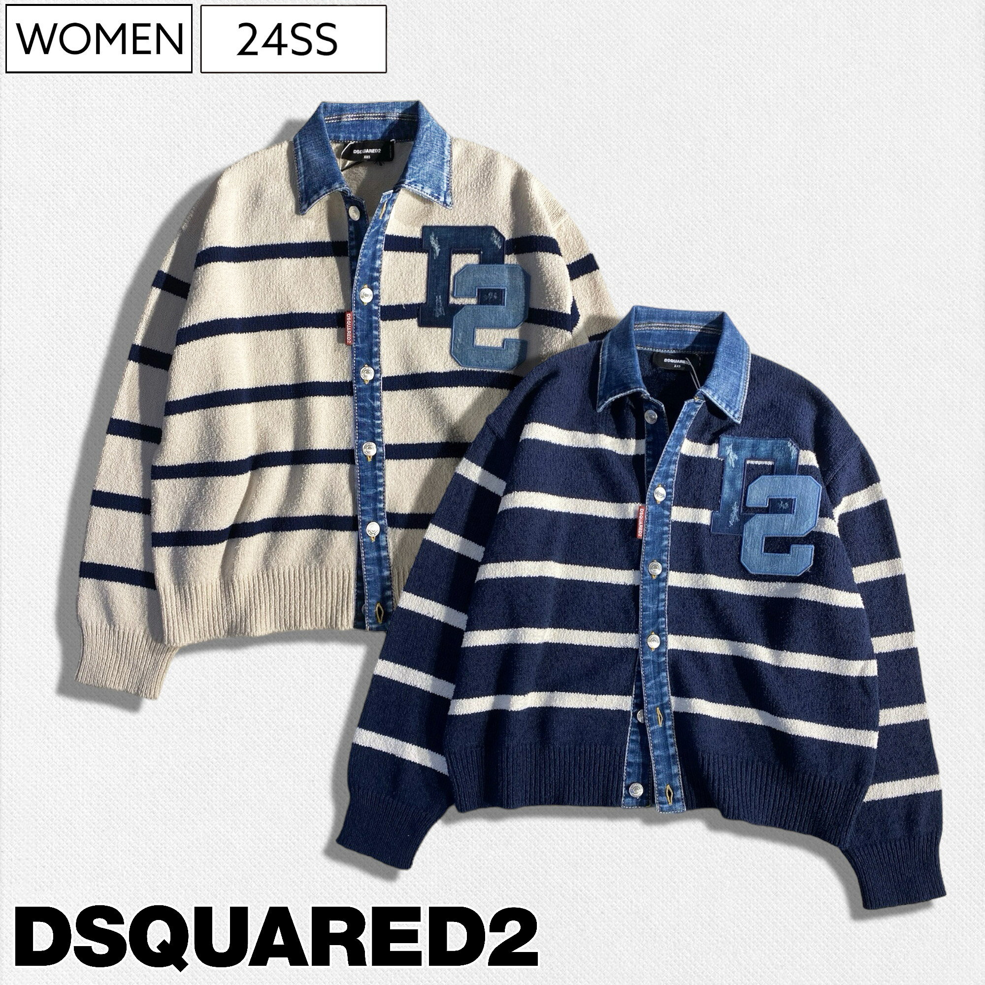 【定価173,800円(税込)】DSQUARED2 ディースクエアード 美しいシルエットでワンランク上の大人の色香漂わせる！デニムシャツドッキングコットンニットカーディガン College Cardigan ロゴ カレッジ フラッグタグ 長袖 オフホワイト ネイビー S75HA1250 レディース イタリア製