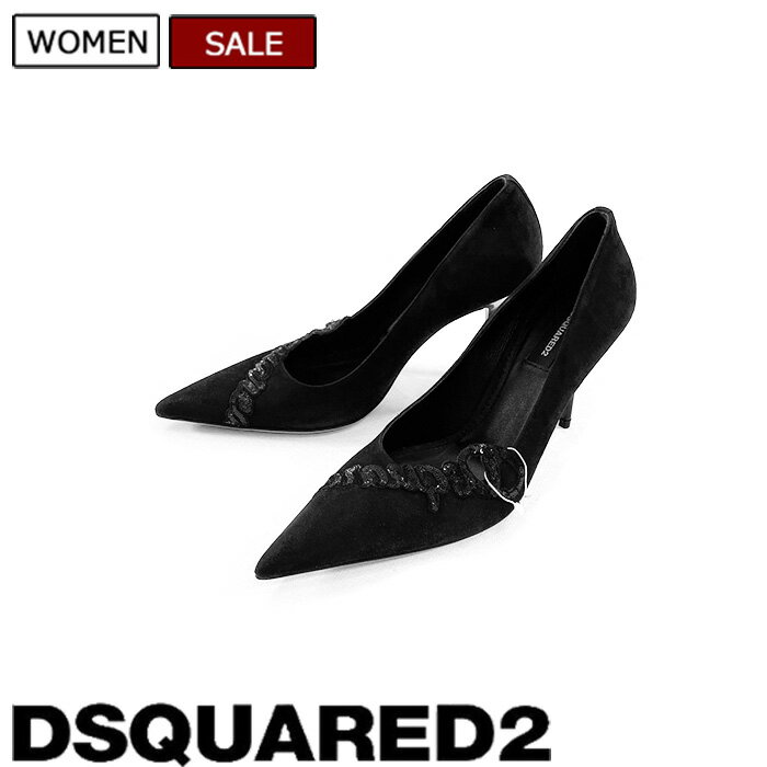 【定価126,500円(税込)】DSQUARED2　ディースクエアード　美しいシルエットと品のある遊びココロが効いたスパンコールブランドロゴ！大人の品格を演出するスパンコールブランドロゴ付きレザーパンプス　ピンヒール　S83PP0046　ブラック　イタリア製　レディース