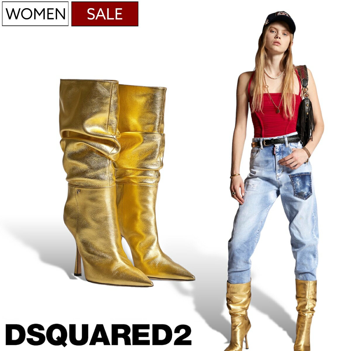 【定価203,500円(税込)】DSQUARED2 ディースクエアード 　ラグジュアリーなゴールドカーフレザーが足元から差をつけてくれる！D2チャーム付きゴールドレザーブーツ ウエスタン 牛革 革靴 S83BO0051 金 イタリア製 レディース