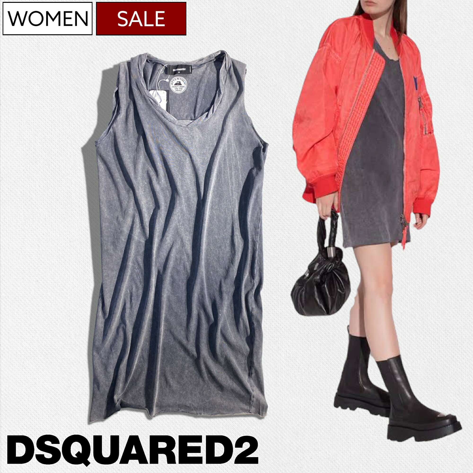 【定価44,000円(税込)】DSQUARED2 ディースクエアード 　遊びココロ溢れる！大人のラグジュアリーカジュアルを演出するコットンノースリーブミニワンピース！ クルーネック ミニスカート Tシャツ ティー S72CV0318 チャコールグレー イタリア製 レディース