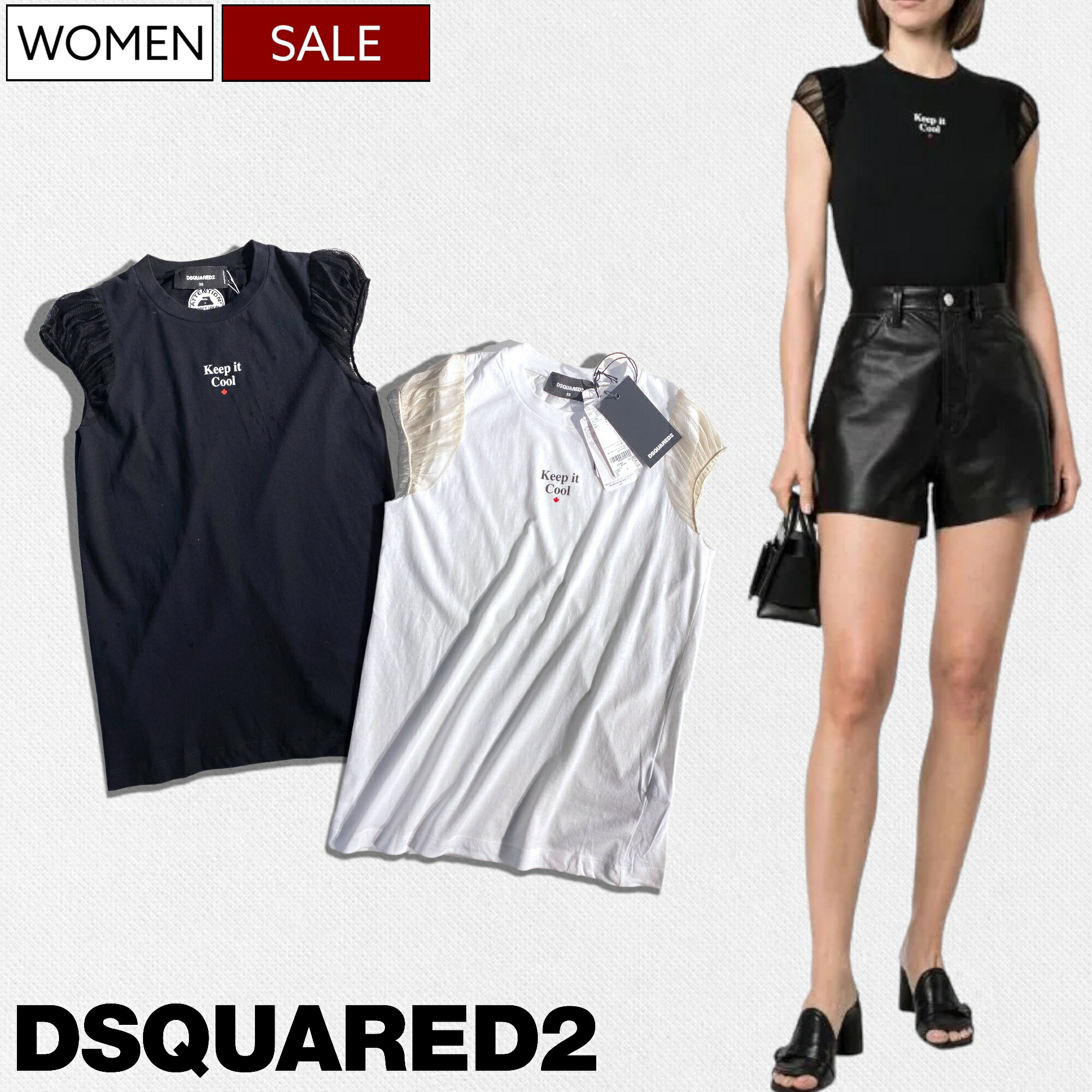 【定価51,700円(税込)】DSQUARED2 ディースクエアード　美しい都会的シルエットにブランドロゴ＆カナダリーフでコナレ感を演出するシースルースリーブクルーネックTシャツ S72GD0355 ノースリーブ タンクトップ ティ トップス ホワイト ブラック イタリア製 レディース