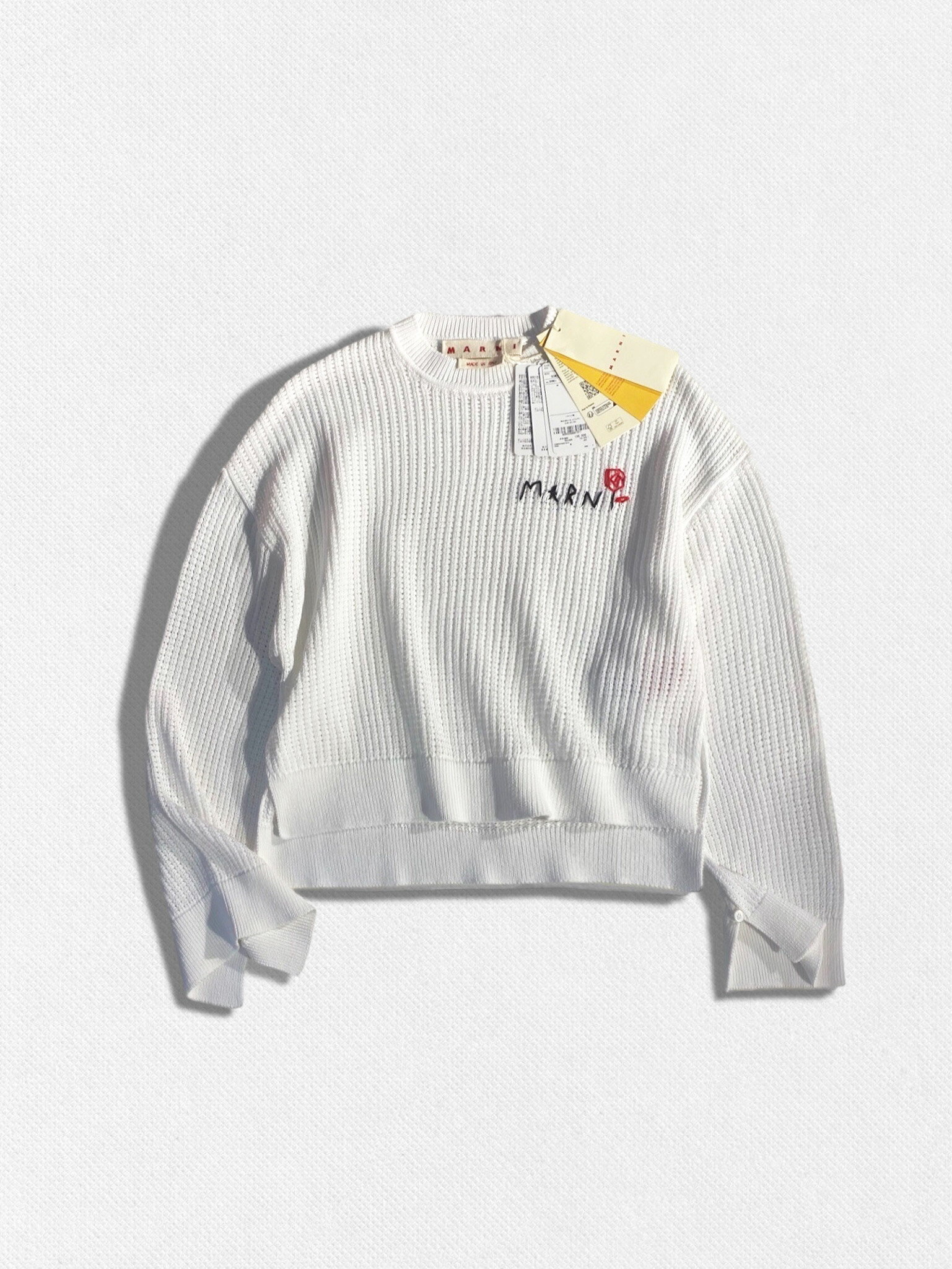 【定価149,600円(税込)】MARNI -マルニ- 刺繍ロゴとスリットデザインで旬なコーデを演出する！ブランドロゴ刺繍クロシェ編みニット セーター サマーニット スリット バラ 薔薇 刺繍 かぎ針編み LOGO COTTON CROCHET ホワイト GCMD0524A0 レディース イタリア製