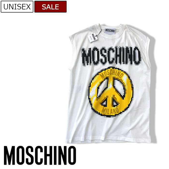 【定価39,600円(税込)】MOSCHINO モスキーノ　胸元で鎮座するピースマークと華やかなノースリーブデザインで魅せる！ブランドロゴプリントノースリーブTシャツ！　ティーシャツ　タンクトップ　kd7216299　ホワイト　36 38 40 42 44 46 ユニセックス