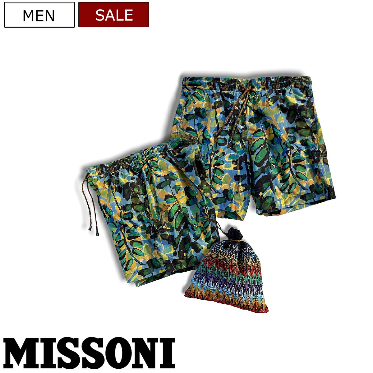 【定価42,900円(税込)】MISSONI　ミッソーニ らしさ溢れる大人の遊び心擽る保存袋付きボタニカル柄スイムウエア！サーフパンツ インナーメッシュサポーター付き 水着 短パン ショーツ　ボタニカル柄　リーフ　グリーン　26789001 XS S M L XL XXLイタリア製 メンズ