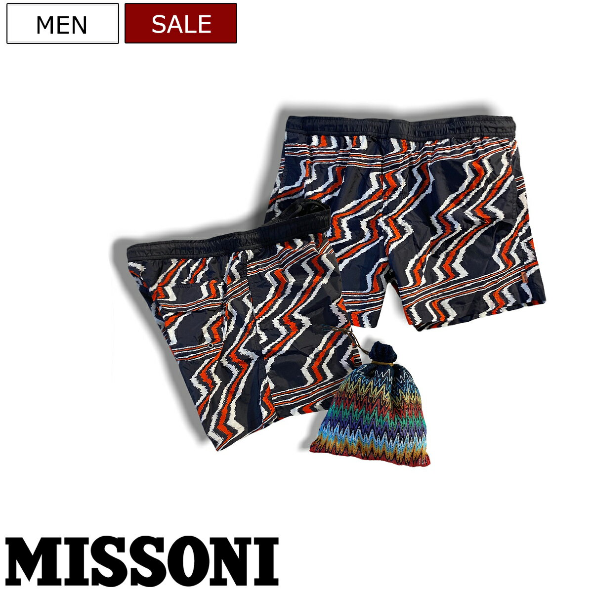 【定価57,200円(税込)】MISSONI ミッソーニ らしさ溢れる大人の遊び心擽る保存袋付き幾何学模様柄スイムウエア！サーフパンツ インナーメッシュサポーター付き 水着 短パン ショーツ 幾何学柄 ベルクロ マルチカラー ブラック 27389001 XS S M L XL XXL イタリア製 メンズ