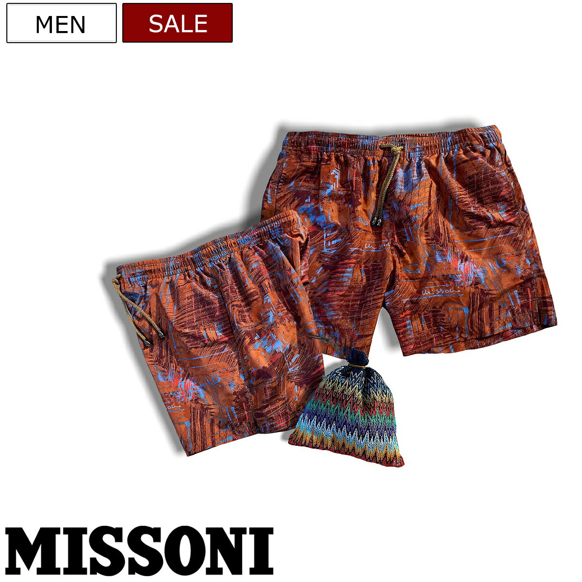 【定価39,600円(税込)】MISSONI　ミッソーニ らしさ溢れる大人の遊び心擽る保存袋付きデザインスイムウエア！サーフパンツ インナーメッシュサポーター付き 水着 短パン ショーツ　幾何学柄　レッドブラウン　26789001 XS S M L XL XXL　イタリア製 メンズ