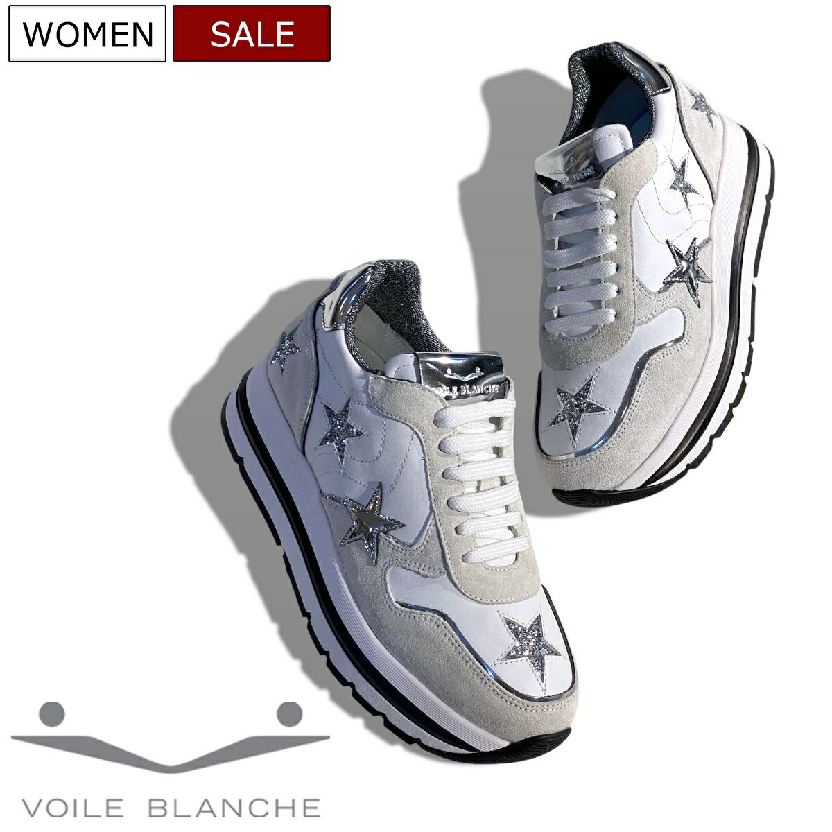 【定価42,900円(税込)】VOILE BLANCHE ボイルブランシェ 華やかなラメ加工で遊び心たっぷり！シークレットソールで身長約6cmアップ！スウェードレザーコンビネーションスニーカー【MARAN MULTI STAR-マランマルチスター-】ホワイト×シルバー12222030 1N02 レディース