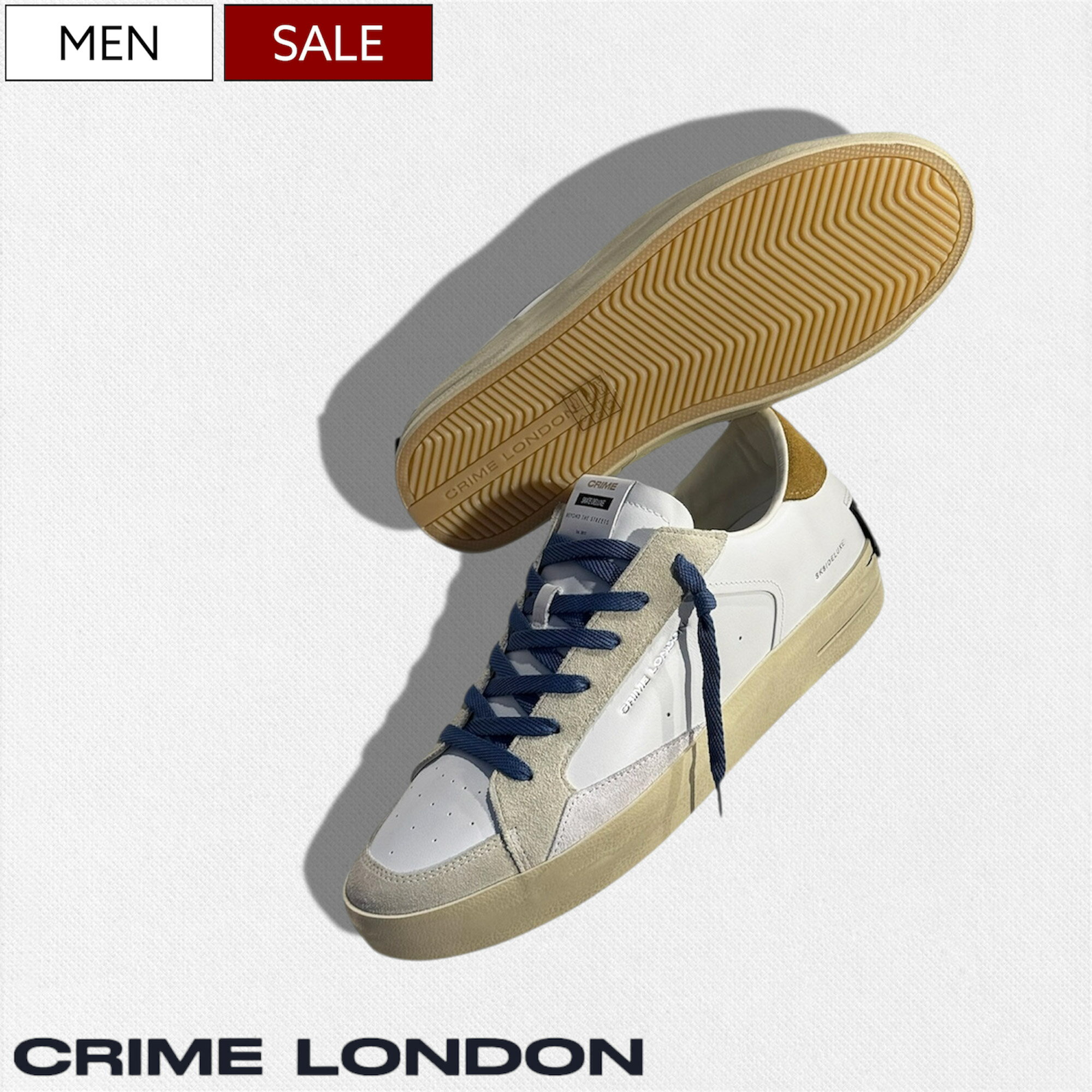 【定価47,300円(税込)】CRIME LONDON クライムロンドン 上質なコンビネーションレザーでラグジュアリーな足元を演出♪ ブランドロゴ入り レザースニーカー 靴 ローカット シューズ エイジング加工 ホワイト SK8 DELUXE 410301564012 クライム ロンドン メンズ