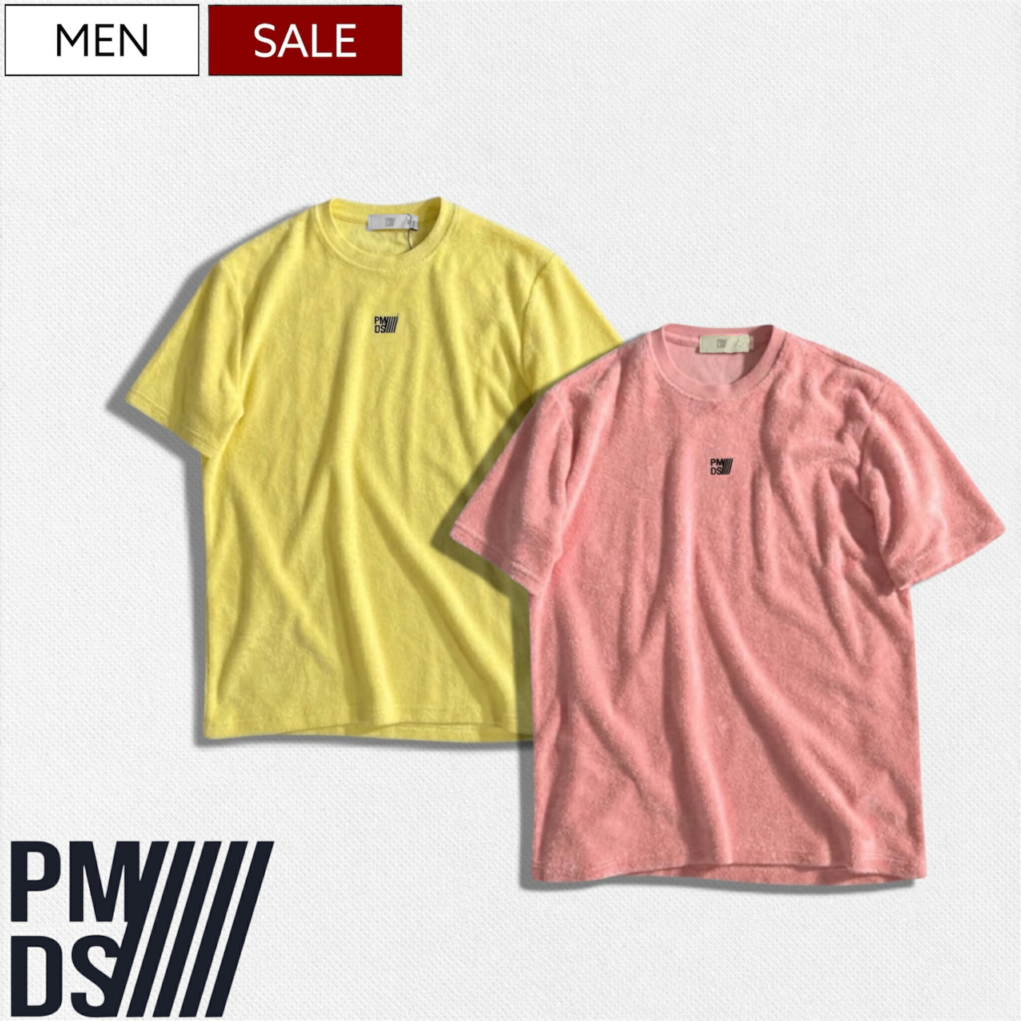 Rakuten - 【定価24,200円(税込)】PREMIUM MOOD DENIM SUPERIOR -PMDS- ピーエムディーエス 柔らかな肌触りがクセになる パイル地 クルーネックTシャツ タオル 半袖 ティシャツ ピンク イエロー ロゴ 510591384173 イタリア製 P.M.D.S. メンズ
