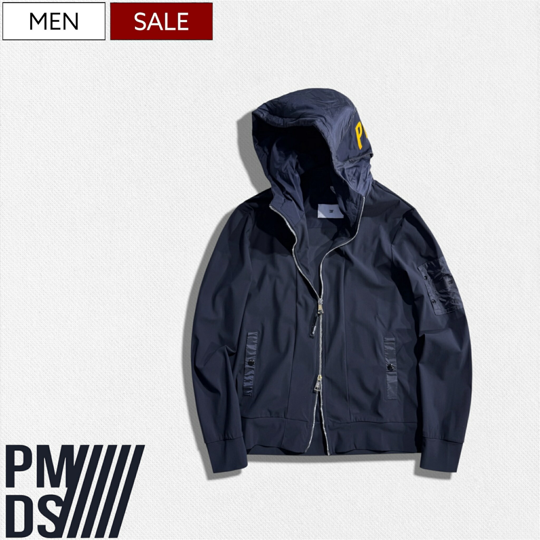 Rakuten - 【定価49,500円(税込)】PREMIUM MOOD DENIM SUPERIOR -PMDS- ピーエムディーエス 素材使いで大人らしい拘りを演出♪ フードロゴデザインで魅せるナイロンダブルジップパーカー ドッキングブルゾン ハイパーストレッチ 520591164014 PMDS イタリア製 メンズ