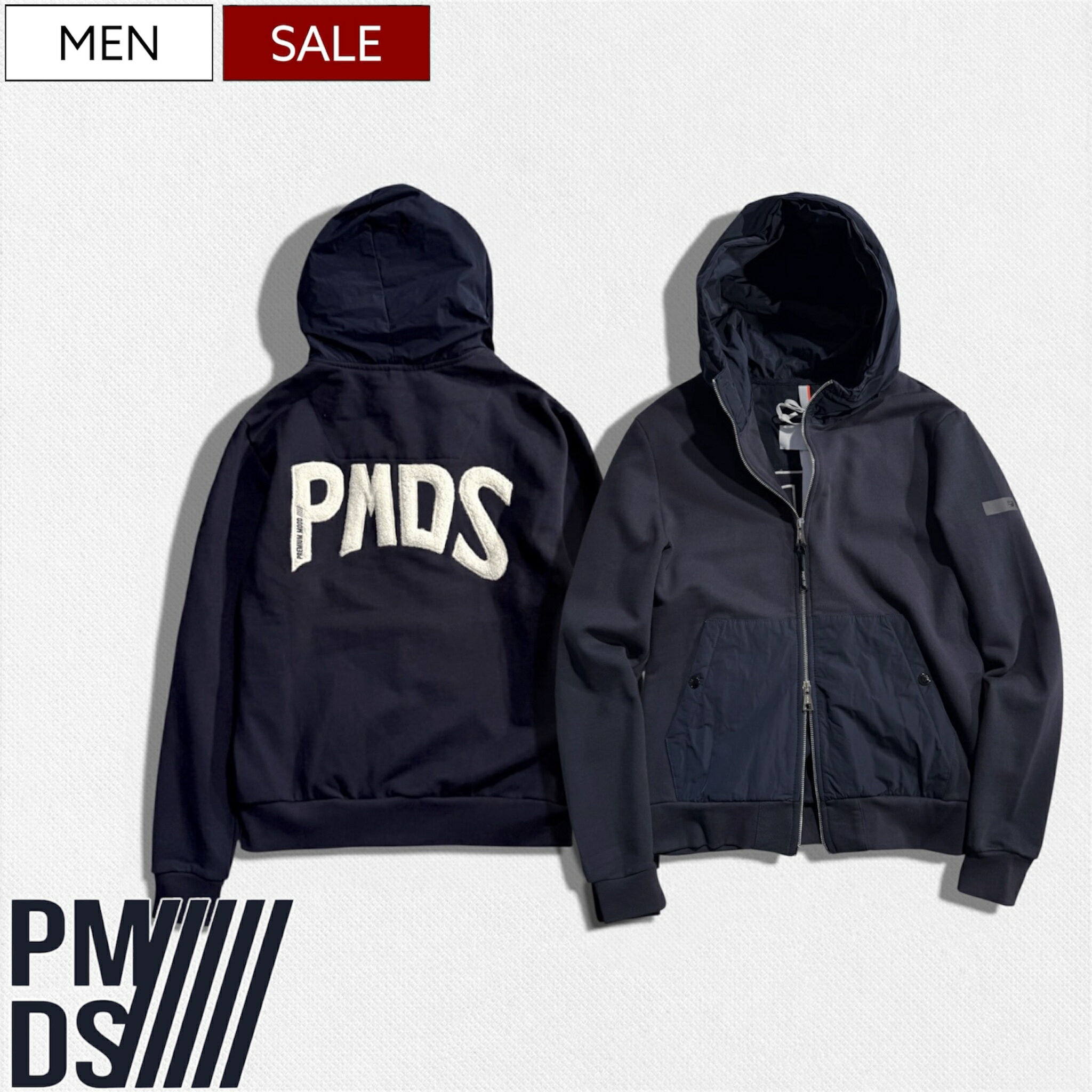 Rakuten - 【定価53,900円(税込)】PREMIUM MOOD DENIM SUPERIOR-プレミアムムードデニムスペリオール- P.M.D.S. 素材使いで大人らしい拘りを演出♪ パイルロゴ コンビネーションスウェットジップパーカー ダブルジップ フーディ 520591164066 PMDS イタリア製 メンズ
