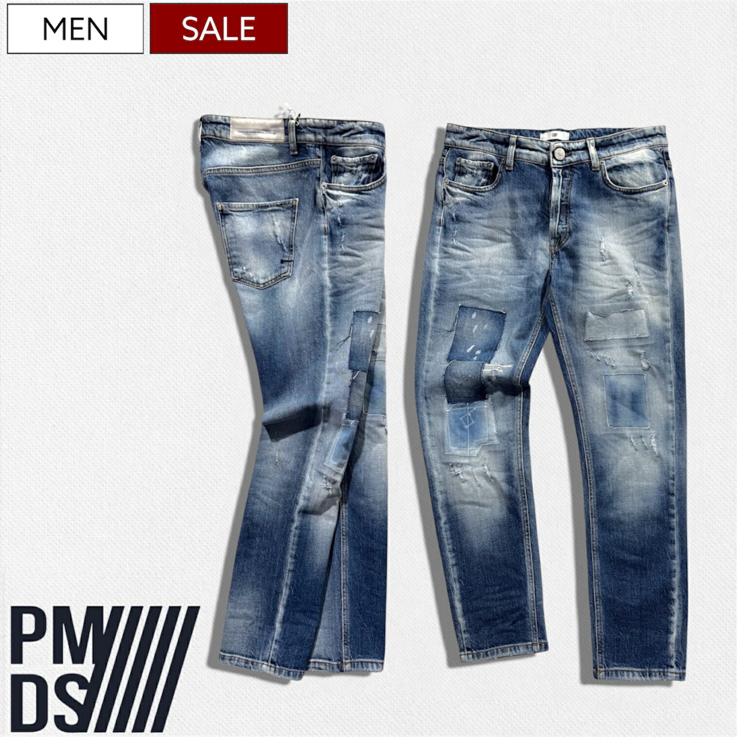 Rakuten - 【定価53,900円(税込)】PMDS ピーエムディーエス PREMIUM MOOD DENIM SUPERIOR こなれ感醸すルックスが大人の余裕を演出！クラッシュ＆リペア加工 テーパードデニムパンツ ウォッシュ加工 ジーンズ メンズ P.M.D.S. GERARD インディゴブルー 520591294124 イタリア製