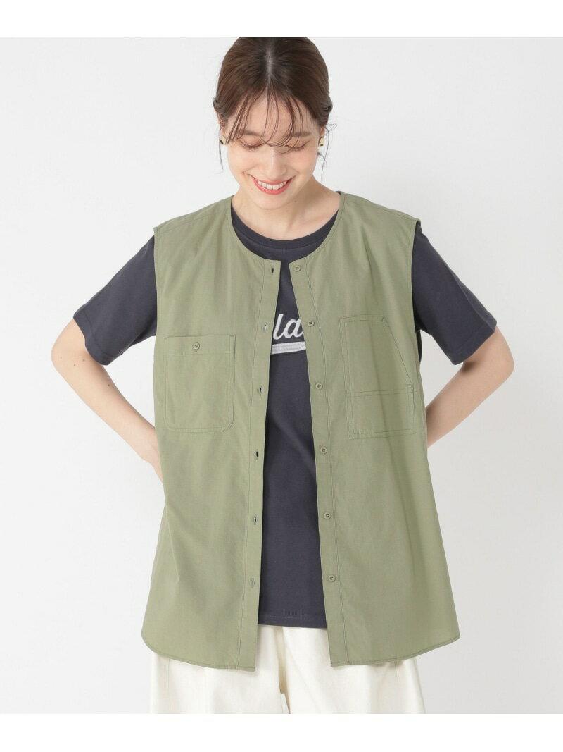 ノーカラーポケットノースリーブシャ...