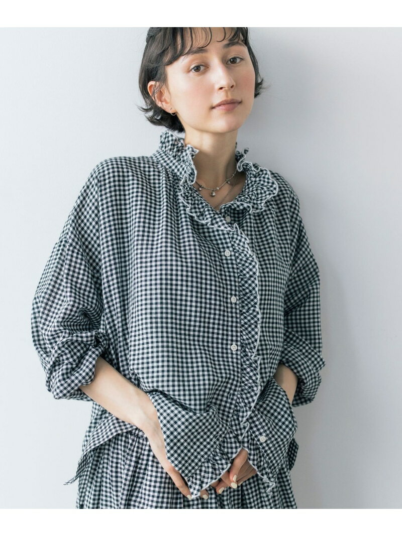 Rakuten - 《natural by clip》リネン混チェックフリルブラウス natural by clip スタディオクリップ トップス シャツ・ブラウス ブルー ブラック【送料無料】[Rakuten Fashion]