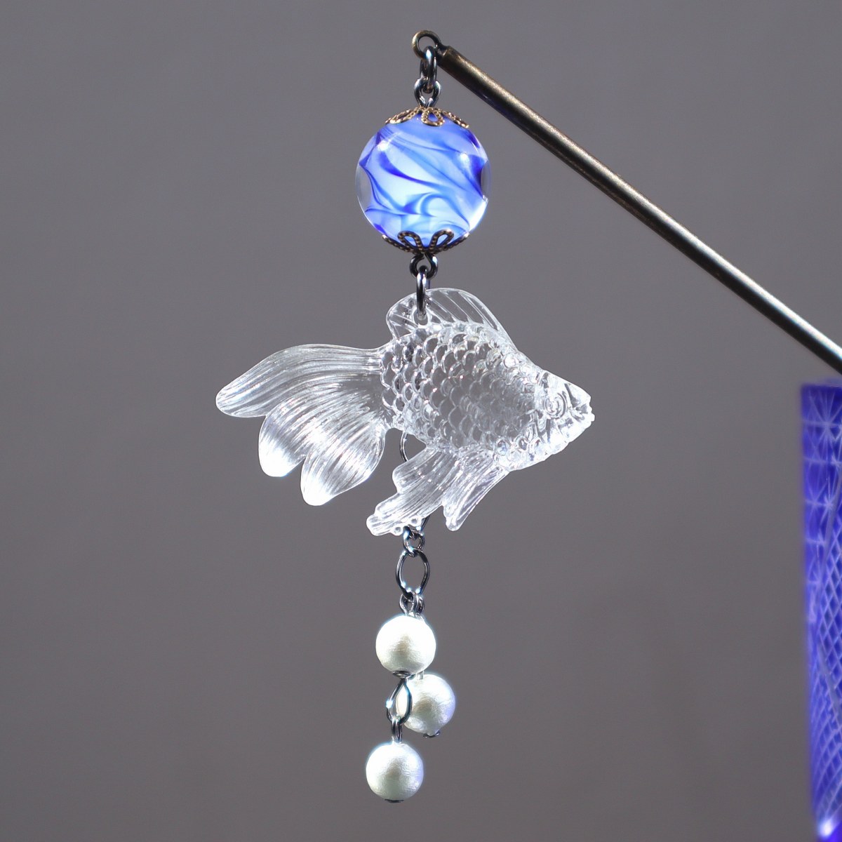 かんざし とんぼ玉と金魚 一本 ブルー 浴衣や着物に映える ヘアーアクセサリー