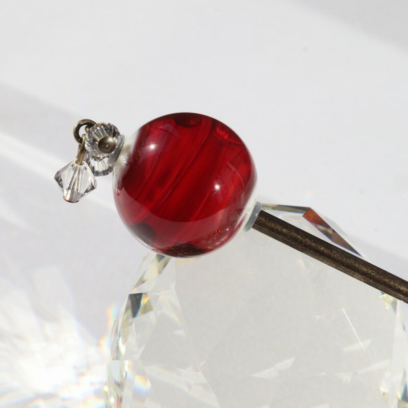 とんぼ玉 かんざし 一本 国産ガラス工芸品 ヘアーアクセサリー レッド