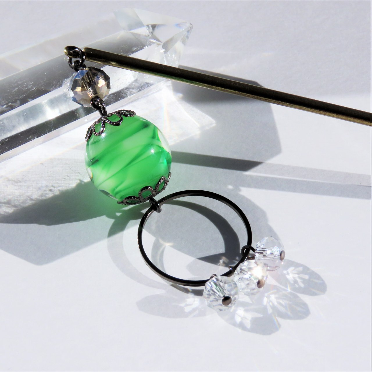 かんざし 一本 とんぼ玉 伝統的ガラス工芸 ビーズ グリーン 緑