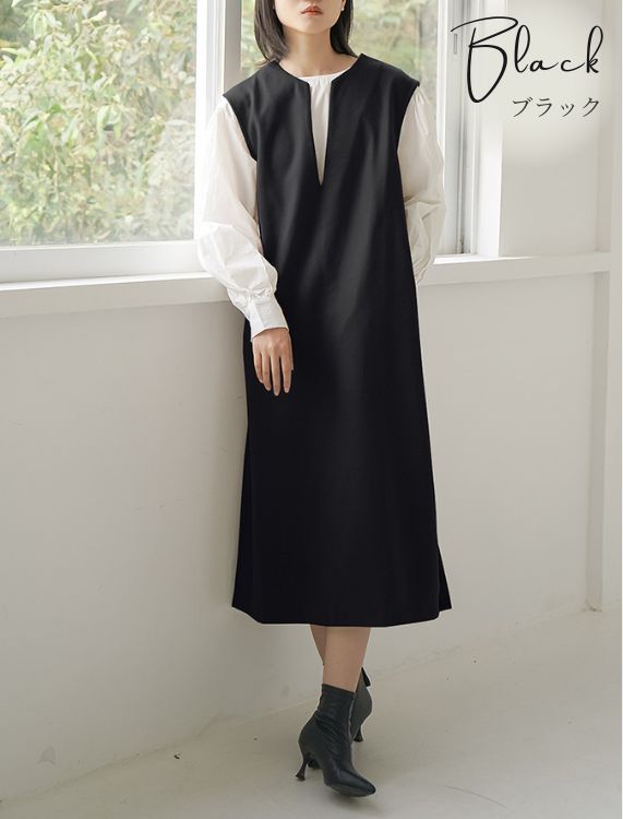 レディース キーネック ジャンスカ シンプル ブラック ピンクベージュ オリーブ ニュートラルカラー 淡色 大人 スカート ワンピース おでかけ 無地 M L