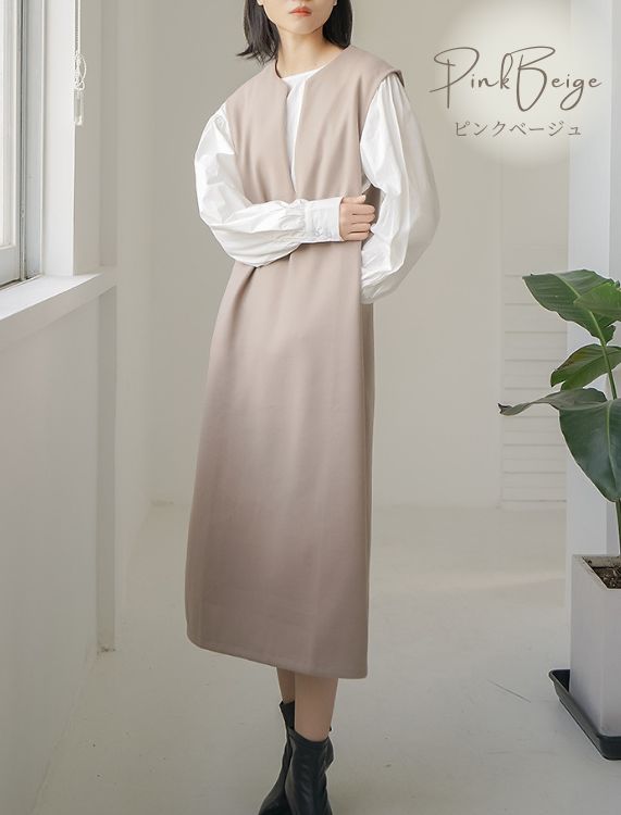 レディース キーネック ジャンスカ シンプル ブラック ピンクベージュ オリーブ ニュートラルカラー 淡色 大人 スカート ワンピース おでかけ 無地 M L