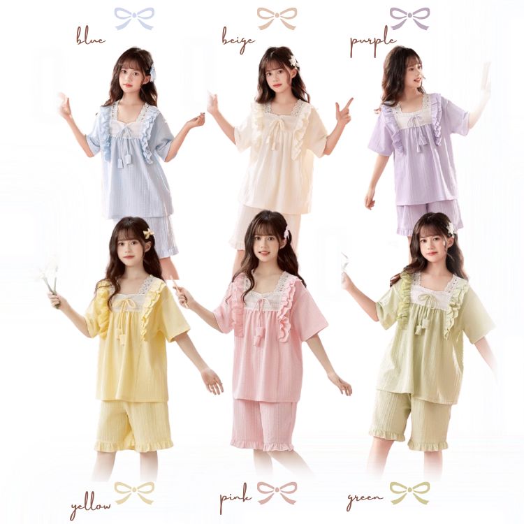 パジャマ　女の子　子供　キッズルームウエア　半袖半ズボンセット　レース　リボ...