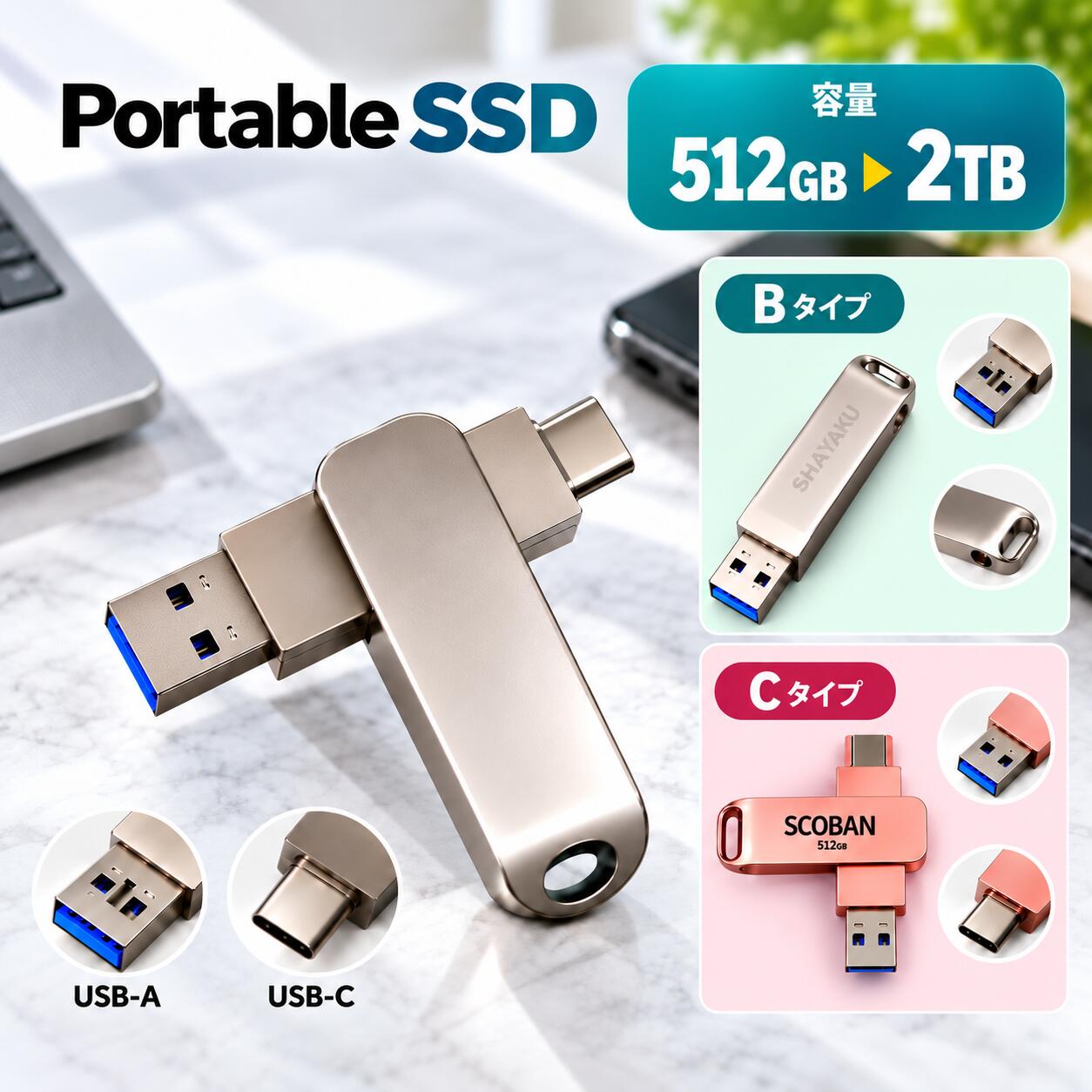 USBメモリ Type-C対応 512GB スマホ対応 2in1 USB-A Type-C 回転式 ストラップホール付き コンパクト メタルボディ Cタイプ