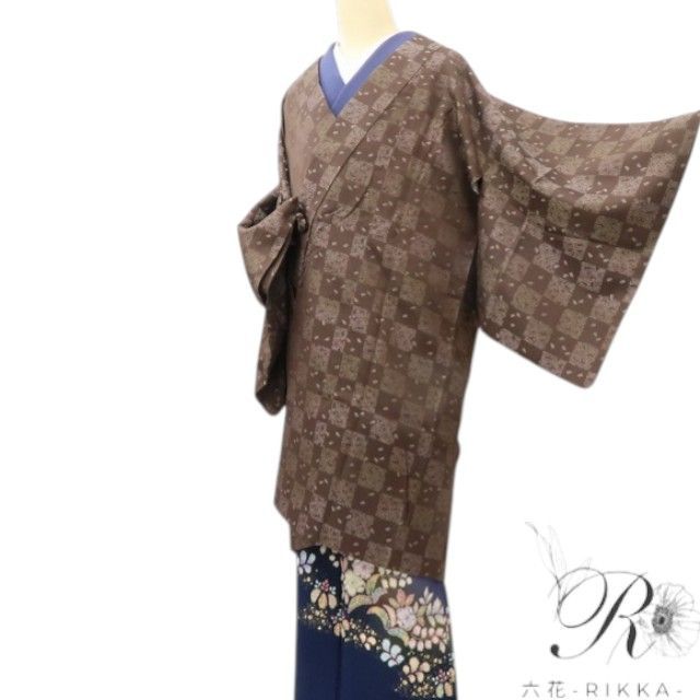 六花-RIKKA- 美品 正絹 市松 ロング丈 道中着 着物 A4723 リサイクル着物