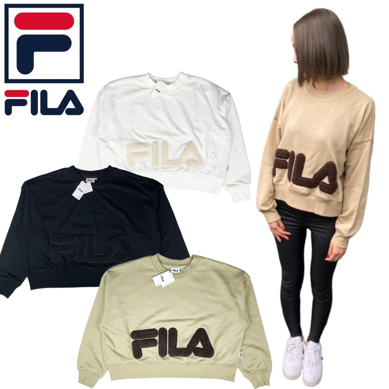 フィラ Fila トレーナー ボアロゴ FL6595 全3色 レディース 学生 スウェット ミディアム丈 FILA W FILA BOA LOGO CREW