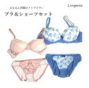 ぷるるん谷間のノンワイヤーブラ&ショーツセット・ワイヤレスブラジャー (ブラサイズA・B・C・G カップ:アンダー65/70/75:ショーツM-L) ピンク/ヒョウ柄・ブルー/レース 2色
