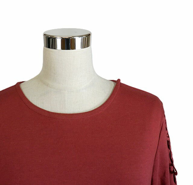 袖レース使いデザインチュニック 7分袖 柔らかな着心地 体型カバーに（M・3L）レッド【秋冬】